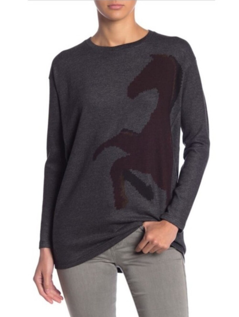 Go Couture Marled Gray Horse Print Long Sleeve Top Size Large